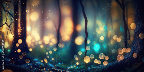 Magical mystic bokeh lights in a forest - Generative AI