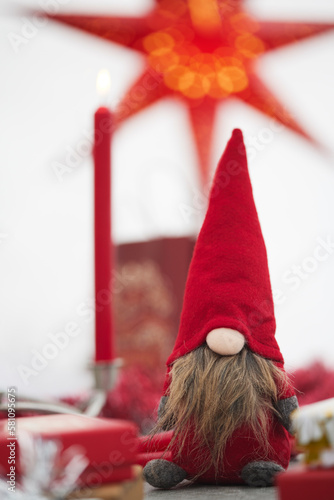 Close-up of traditional Christmas gnome figurine photo