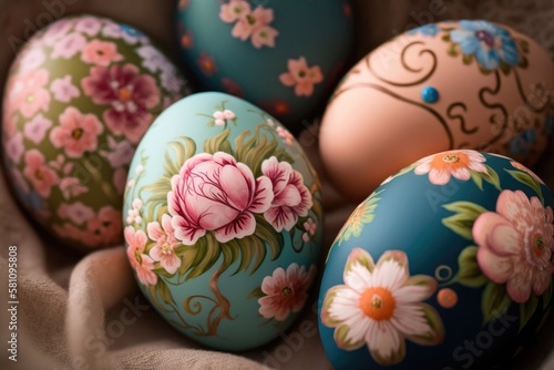 Easter eggs with floral pattern close-up, pastel colors. Generative Ai