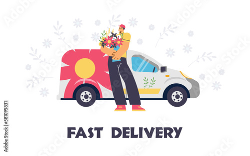 Smiling delivery man holding big fresh flower bouquet flat style