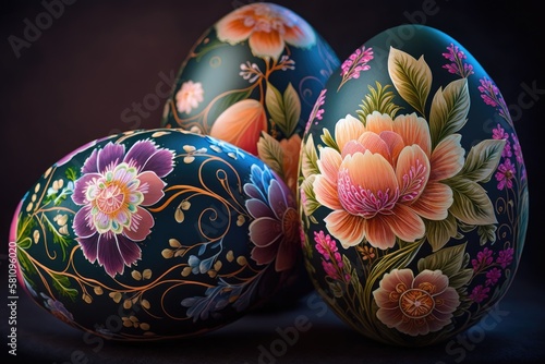Easter eggs with a floral pattern close-up, on a dark background. Generative Ai
