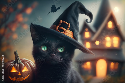 Fotografie cute black cat with a witch hat and a halloween house in the background, generat