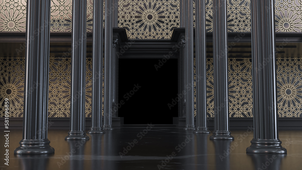 3D render of dark entrance hall between black columns and golden arabesque style