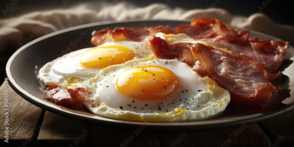 delicious fried eggs with bacon on a plate, generative ai delicious fried eggs with bacon on a plate, generative ai