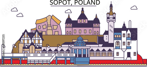 Poland, Sopot tourism landmarks, vector city travel illustration