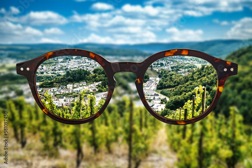 Concept Eye glasses against ametropia sightseeing Moselle valley photo