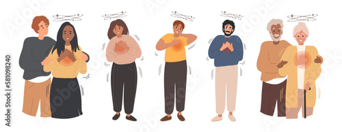 Panic attack and disorder concept. Various people get panic attack, mental support man hugging woman