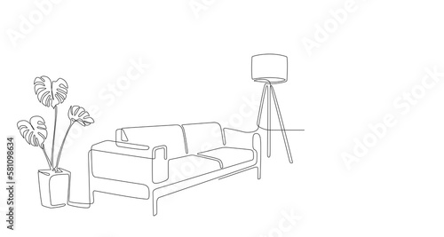 Continuous line interior with sofa, plan and floor lamp. One line drawing of Living room with modern furniture editable stroke. Single line. Handdraw contour. Monstera Flower in pot. Doodle vector