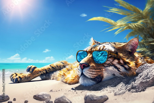 tiger with glasses on the beach