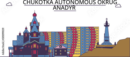 Russia, Anadyr tourism landmarks, vector city travel illustration