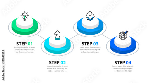 Infographic template. 4 isometric circles with icons connected by a line