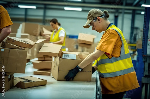 Operators handle parcel boxes in a packaging warehouse. Ai generated. © Joaquin Corbalan