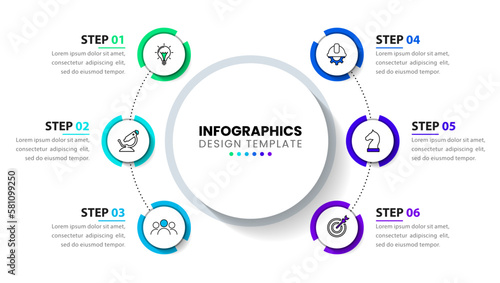 Infographic template. 6 circles with icons and text