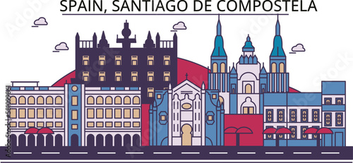 Spain, Santiago De Compostela tourism landmarks, vector city travel illustration