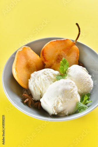 Ice cream with poached pears