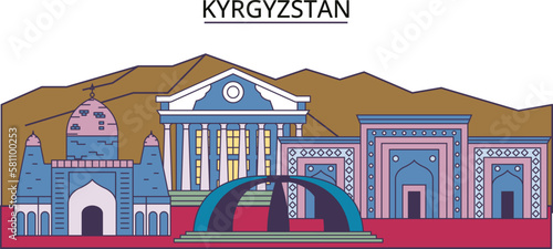 Kyrgyzstan tourism landmarks, vector city travel illustration