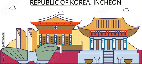 South Korea, Incheon tourism landmarks, vector city travel illustration