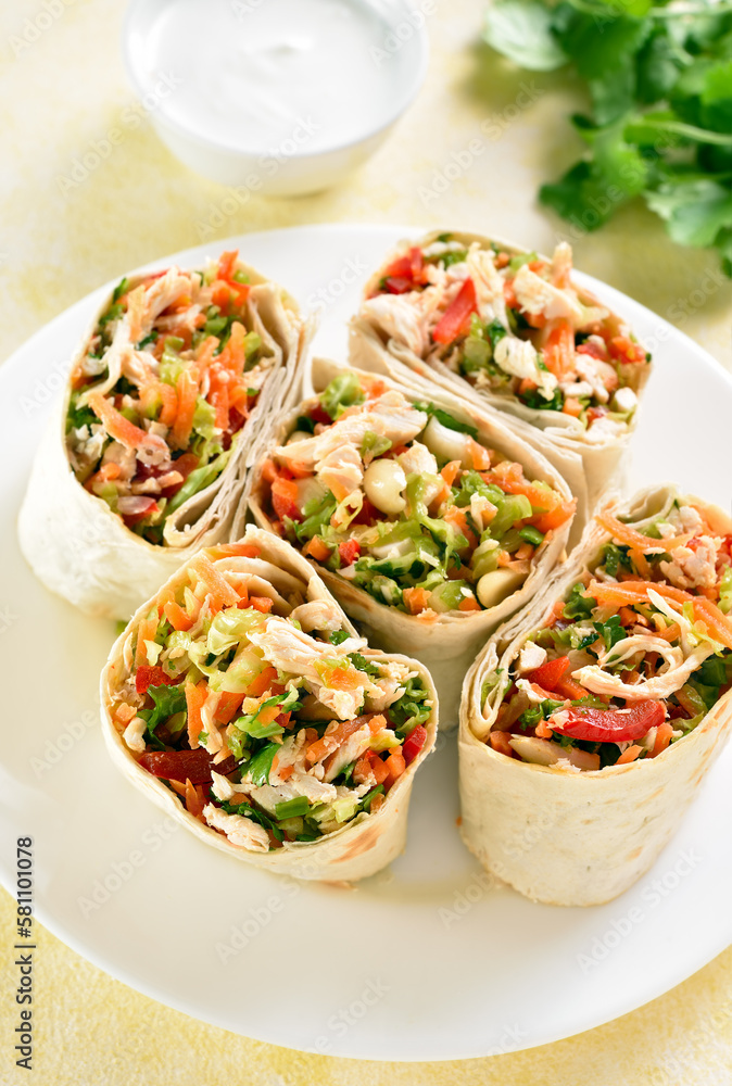 Tortilla wraps with chicken and vegetables Tortilla wraps with chicken and vegetables