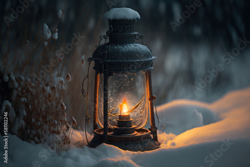 an old lamp with a burning candle in the snow, generative ai
