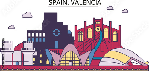 Spain, Valencia tourism landmarks, vector city travel illustration