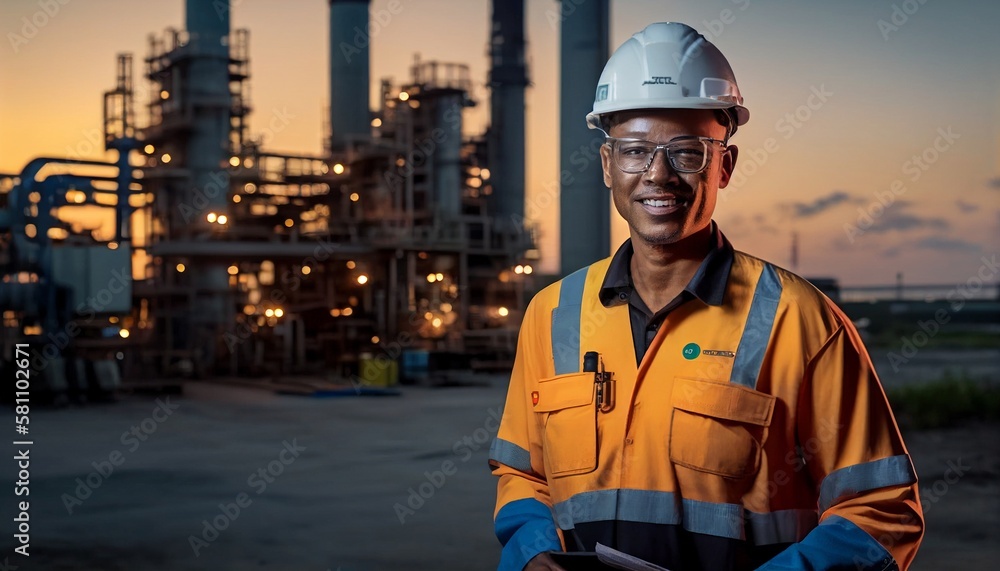 Smiling full-body refinery engineer working and conversing in front of an industrial oil and gas plant, oil refinery industry, Generative AI - obrazy, fototapety, plakaty 