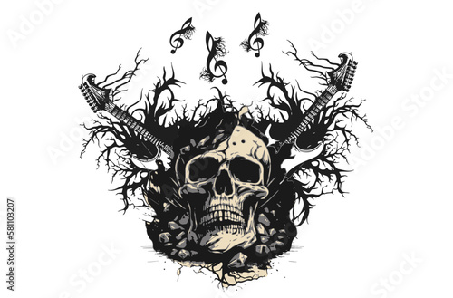 A skull in a vintage style on the theme of rock music. Vector illustration
