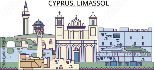 Slika na platnu Cyprus, Limassol tourism landmarks, vector city travel illustration