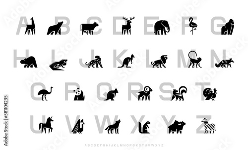 Alphabet with Animals. Poster for the children's room. A to Z with cartoon animals. Vector illustration