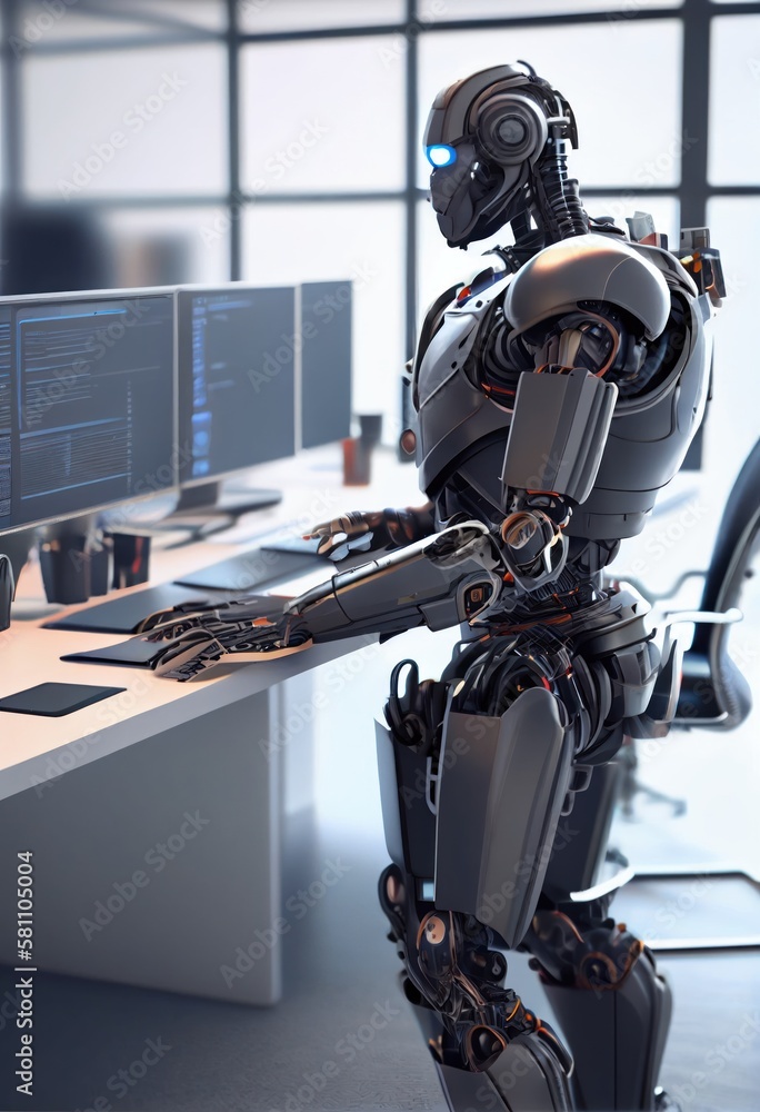 Self educating artificial intelligence. Machine learning and future concept. Robot studying, writing code and working on laptop. AI and Neural network development. Robots work instead of people. Self educating artificial intelligence. Machine learning and future concept. Robot studying, writing code and working on laptop. AI and Neural network development. Robots work instead of people.