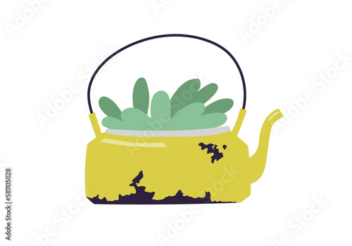 Cute old kettle reused as flower pot to grow houseplants. Simple minimalistic drawing isolated on white background.