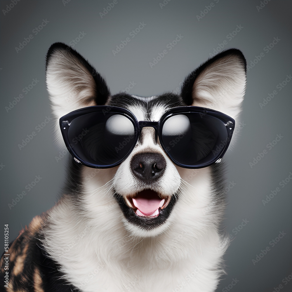 Dog in sunglasses looks straight ahead, light gray background. generative AI
