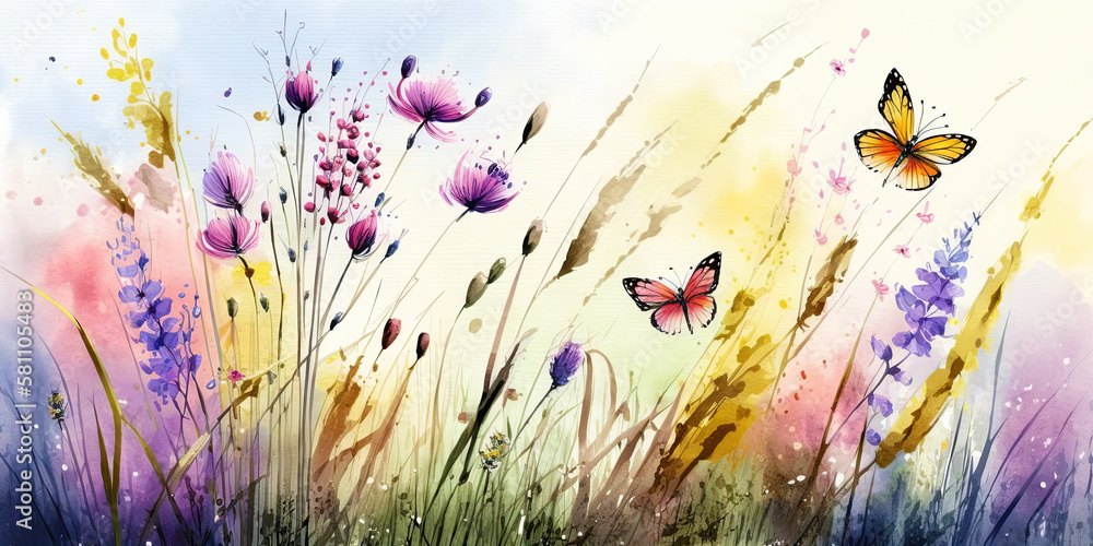 Watercolor painting of a spring meadow full of blooming flowers and butterflies. Spring aquarelle wallpaper. generative ai. Floral background