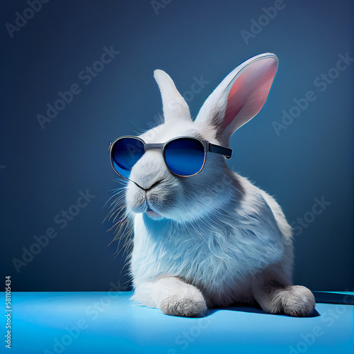 White fluffy rabbit in sunglasses on a blue background