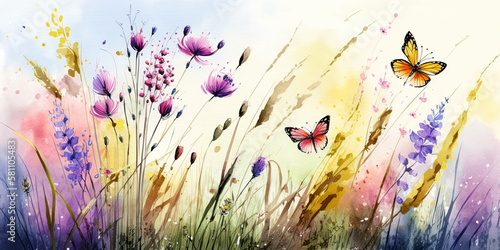 Fototapeta Naklejka Na Ścianę i Meble -  Watercolor painting of a spring meadow full of blooming flowers and butterflies. Spring aquarelle wallpaper. generative ai. Floral background
