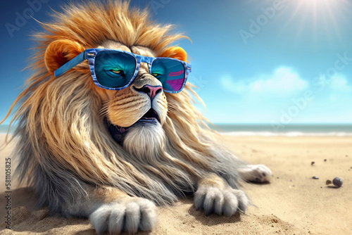 lion with glasses on the beach © jambulart