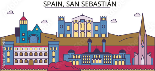 Spain, San Sebastian tourism landmarks, vector city travel illustration