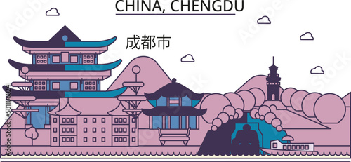 China, Chengdu tourism landmarks, vector city travel illustration
