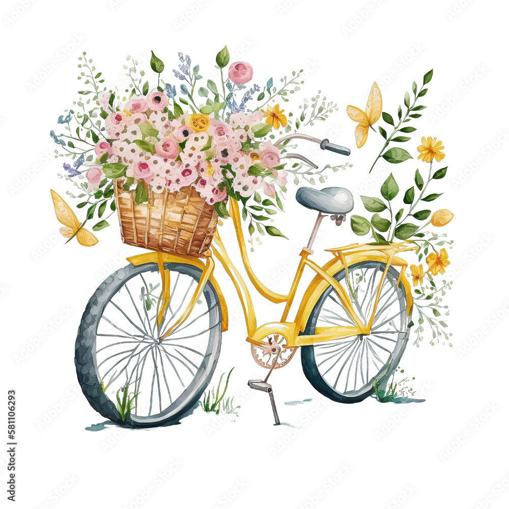 bicycle with basket of flowers Two-Wheeled Garden: Bicycling with Spring Flowers AI Generated