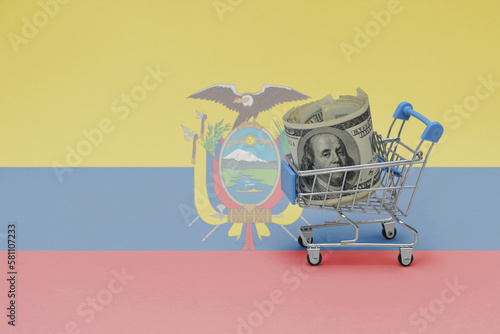 Metal shopping basket with dollar money banknote on the national flag of ecuador background. consumer basket concept. 3d illustration