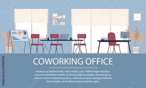 Coworking space interior. Design of modern empty office working place front view desk, chair, computer, book shelf, panoramic window. Workplace of employees, open office workspace, meeting room