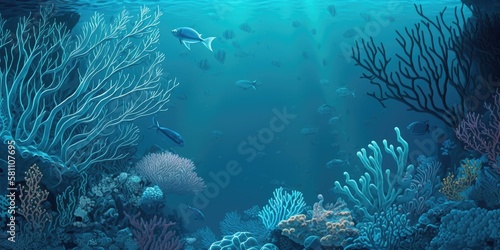 The bottom of the sea reef against the backdrop of swimming fish. Generative ai.
