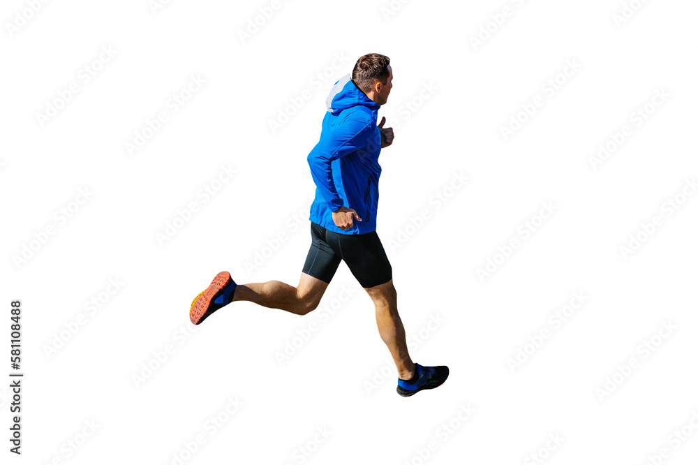 male runner in blue windbreaker and black tights running, cut silhouette on transparent background, sports photo male runner in blue windbreaker and black tights running, cut silhouette on transparent background, sports photo