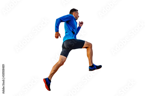 athlete runner in blue windbreaker and black tights running uphill, cut silhouette on transparent background, sports photo © sports photos