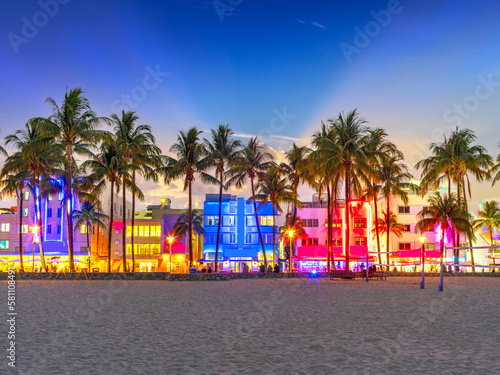 Illuminated Ocean Drive Art Deco District at Night .South Beach, Ocean Drive,.Floridas East Coast.Miami Florida USA © Earth Pixel LLC.