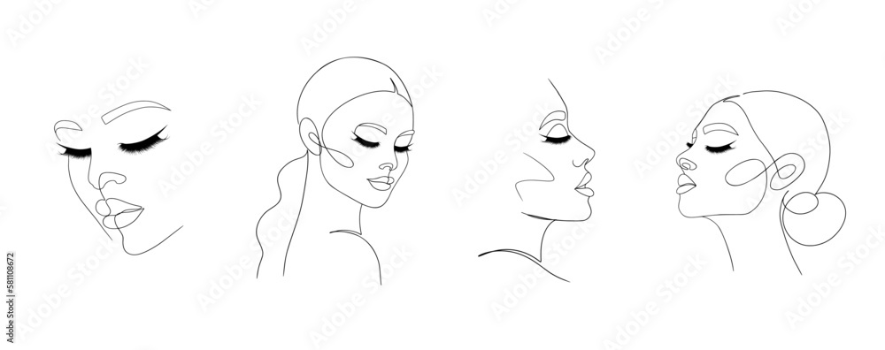 One Line drawing of set Woman's Face. Continuous line Portrait of a girl In a Minimalist Style, Vector Illustration, Hand drawn sketch of a girl