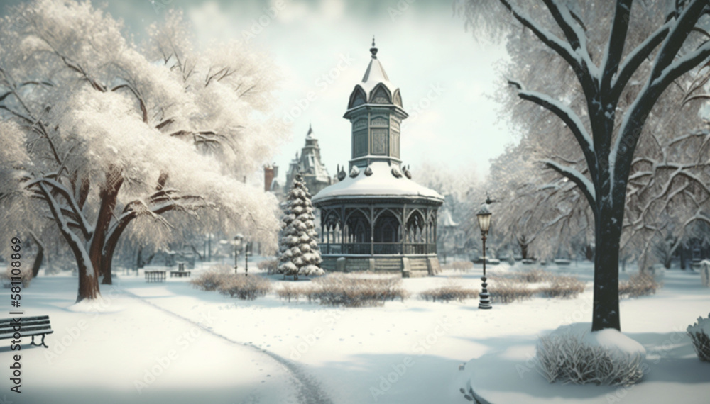 Obraz premium A city park with historic buildings in the background, covered in snow, surrounded by a winter wonderland, capturing the peacefulness of the park after a fresh snowfall