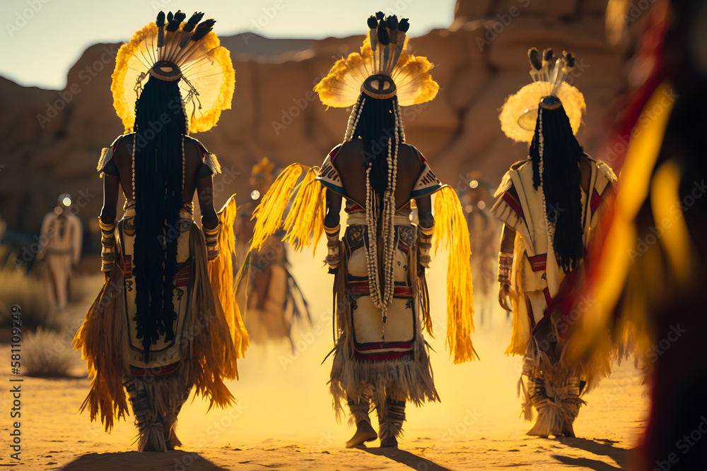 Dancing tribe Indians with headdresses with feathers on their heads in ...