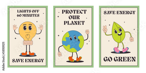 Retro earth cartoon character poster set. Earth Day. Save, protect planet conception. Trendy groovy 70s style illustration.