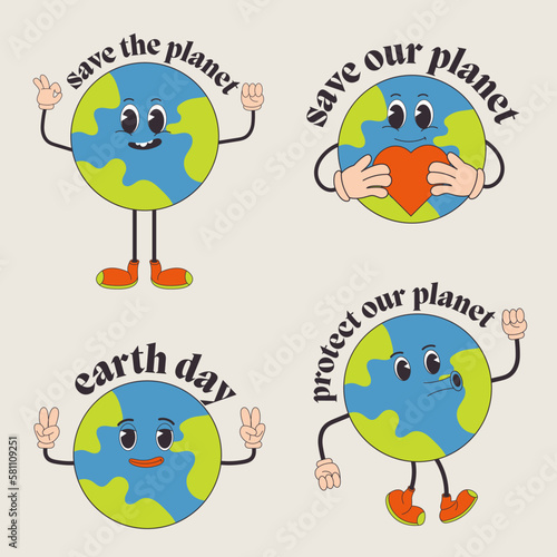 Retro earth cartoon character. Earth Day. Save planet conception. World Environment Day. Trendy groovy 70s style illustration.