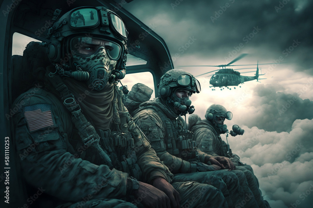 Naklejka premium Helicopter-supported Military Infantry, Generative AI.